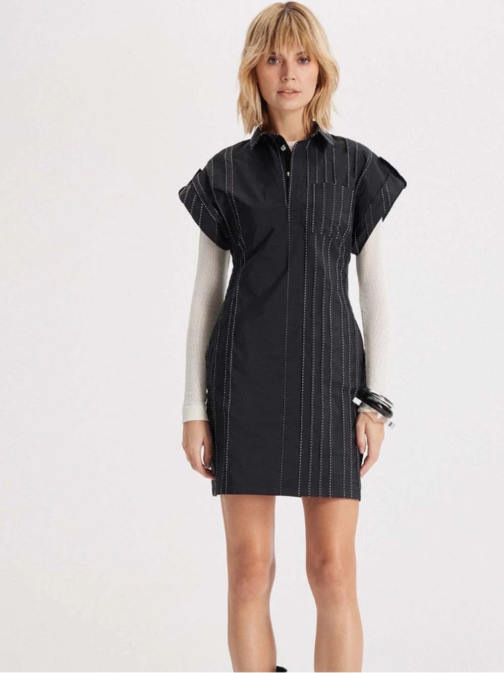 Black Short-Sleeve Shift Dress with Pinstripe Stitching